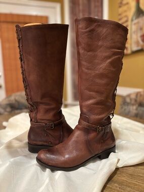Gianni Bini Chestnut Brown Leather Mid-Calf Buckle Riding Boots